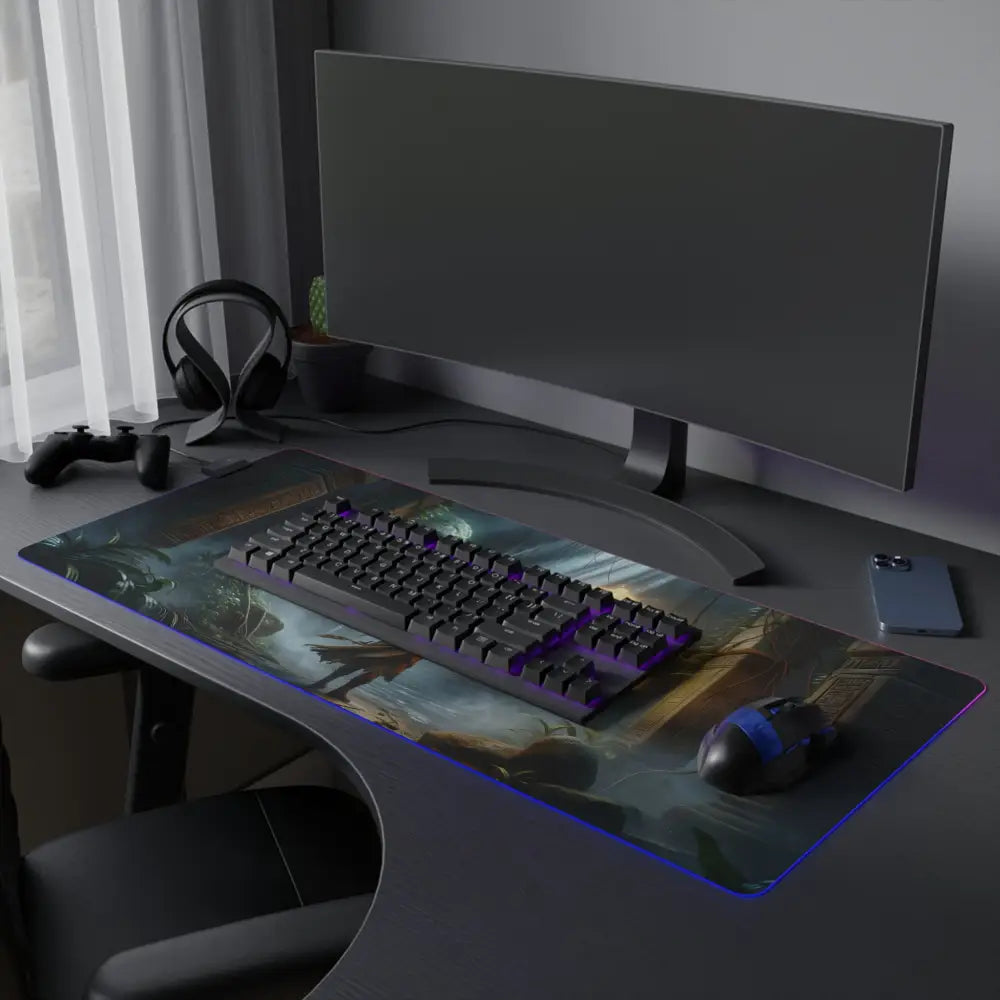 Gaming setup with monitor keyboard mouse and accessories on Torchbearer of the Forgotten Glyphs RGB LED Gaming Mouse Pad
