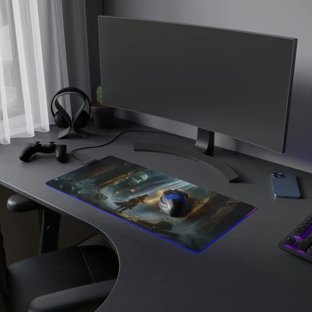Gaming desk setup with Torchbearer of the Forgotten Glyphs RGB LED Mouse Pad on PixiOnyx Lorelit setup