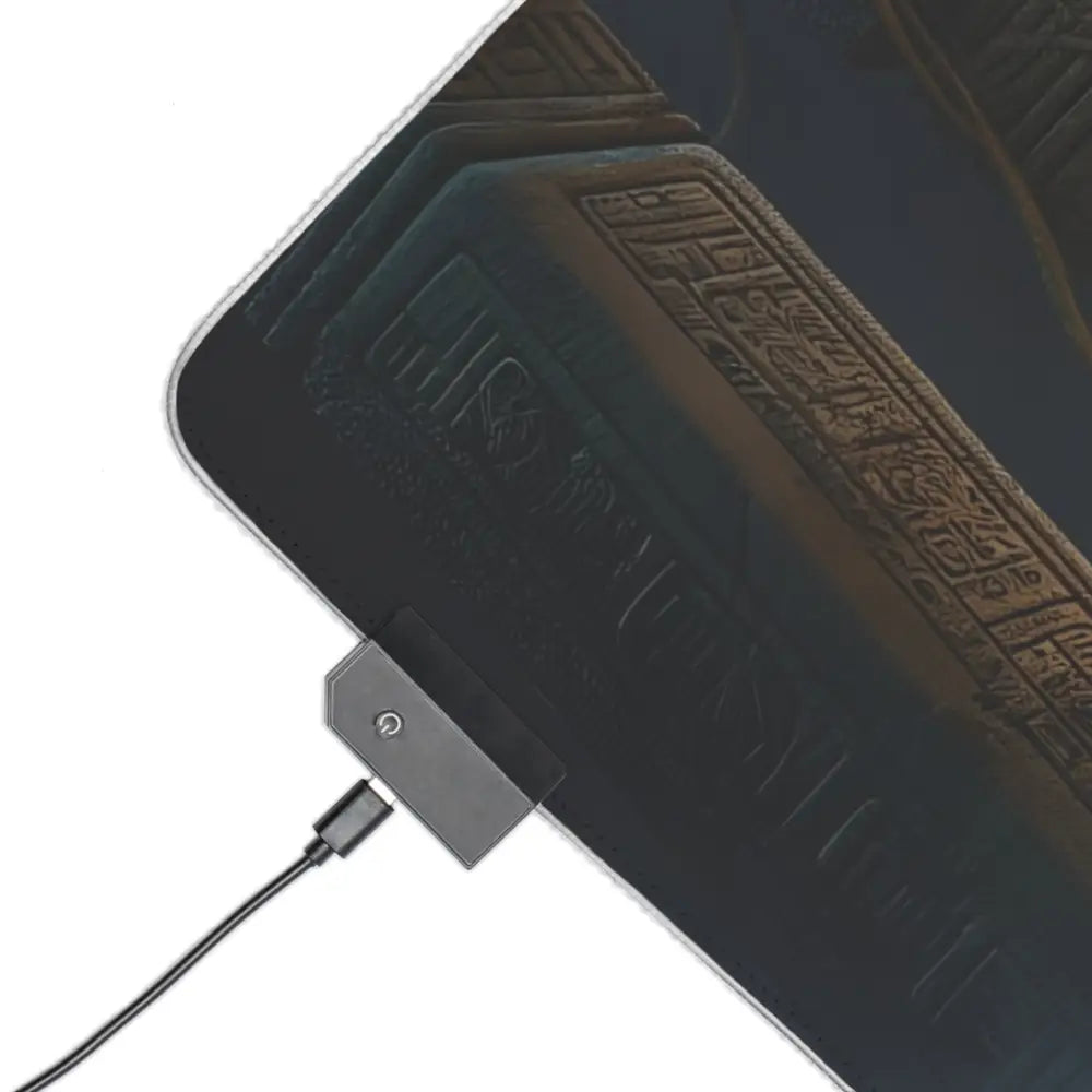 Egyptian-themed rectangular RGB LED gaming mouse pad with USB power connector for PixiOnyx Lorelit Setup