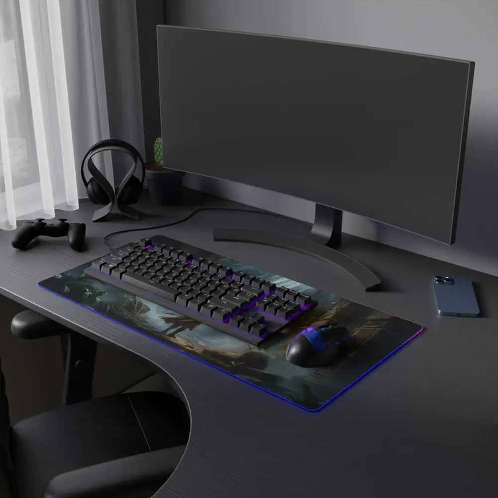 Gaming setup with curved monitor and RGB LED mouse pad from PixiOnyx Lorelit Setu