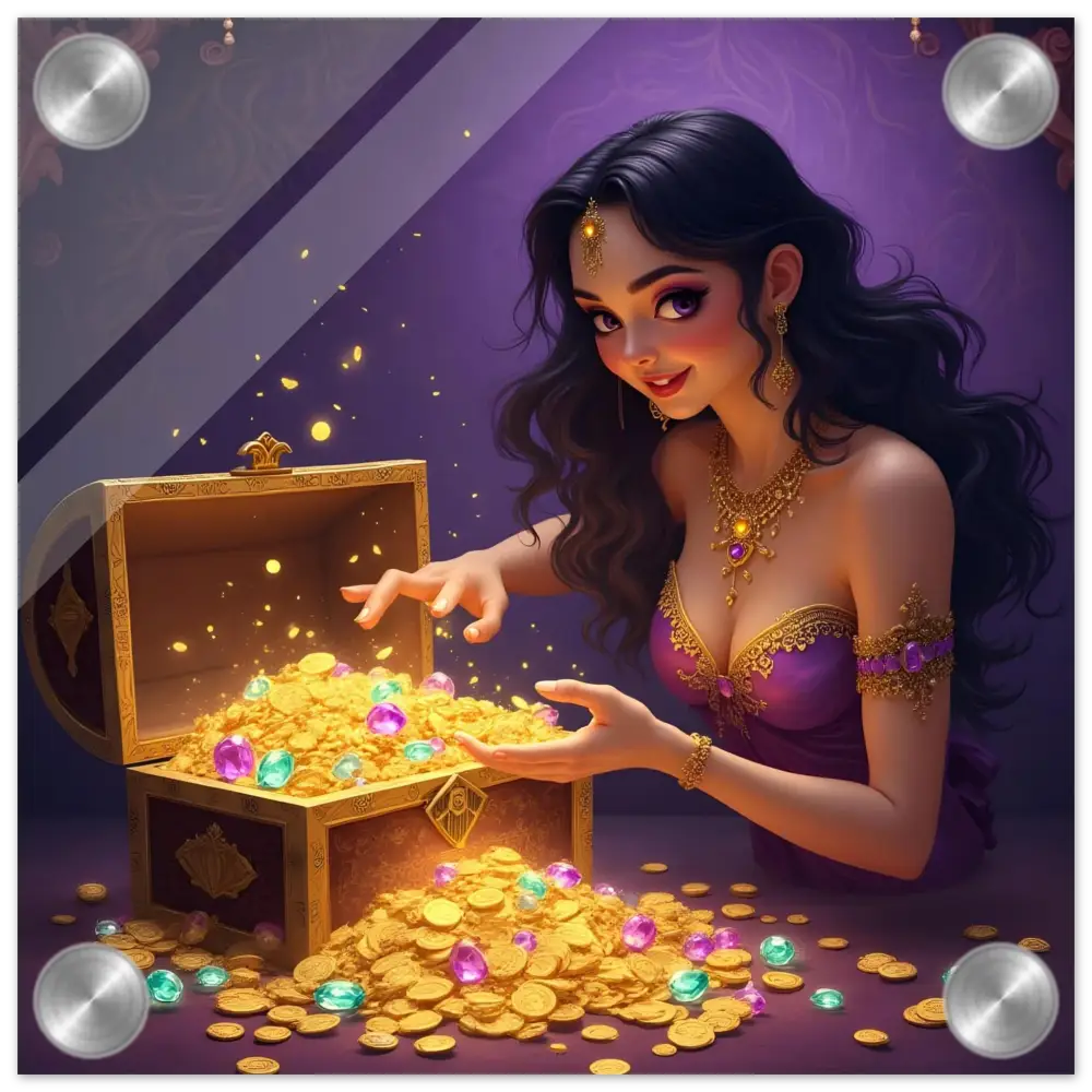 Treasure Seeker Acrylic Wall Print with overflowing gold coins and colorful gems