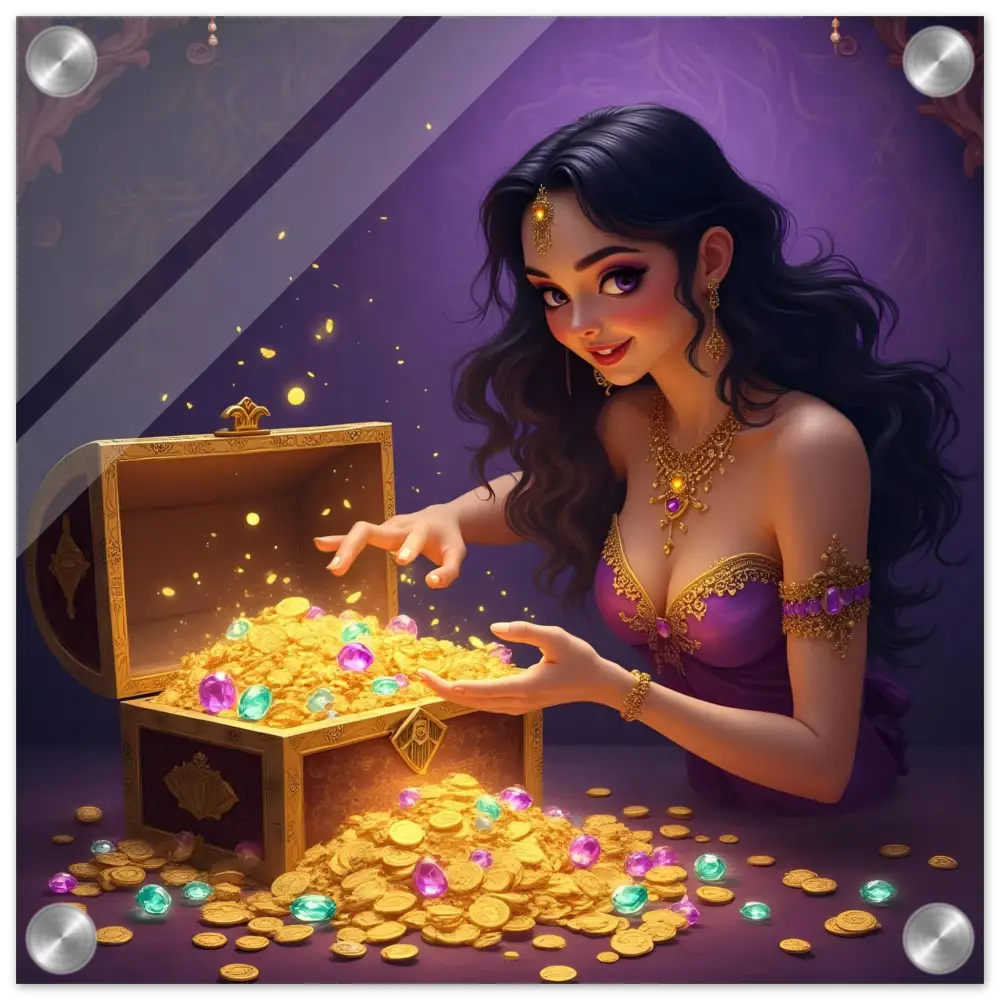 Treasure Seeker Acrylic Wall Print showcasing a treasure chest with gold coins and gems