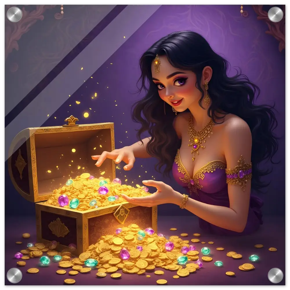 Treasure Seeker Acrylic Wall Print showing overflowing gold coins and colorful gems