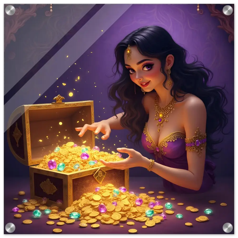 Treasure Seeker Acrylic Wall Print showcasing overflowing gold coins and colorful gems