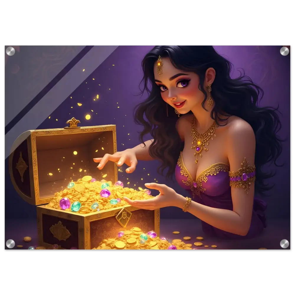 Treasure Seeker Acrylic Wall Print with overflowing gold coins and colorful gems