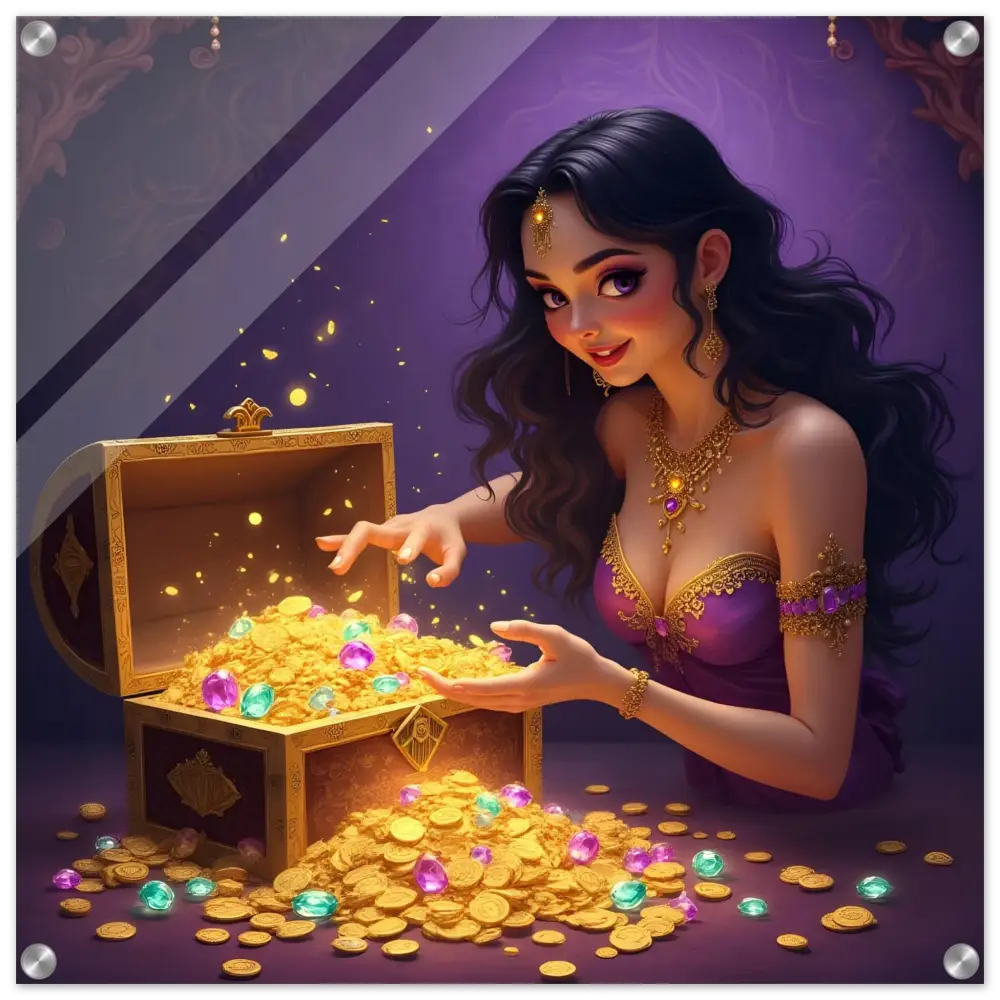 Treasure Seeker Acrylic Wall Print with overflowing gold coins and colorful gems