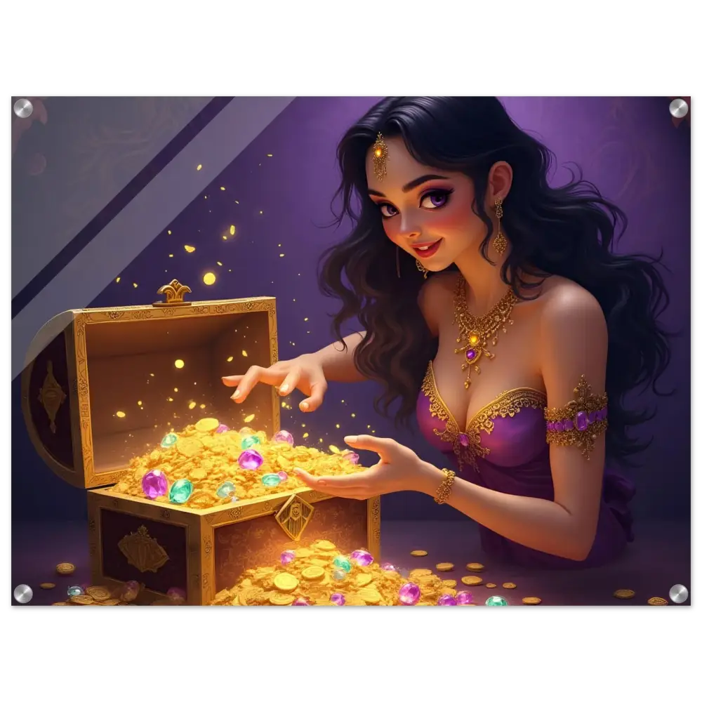 Treasure Seeker Acrylic Wall Print with overflowing gold and jewels in a glossy finish