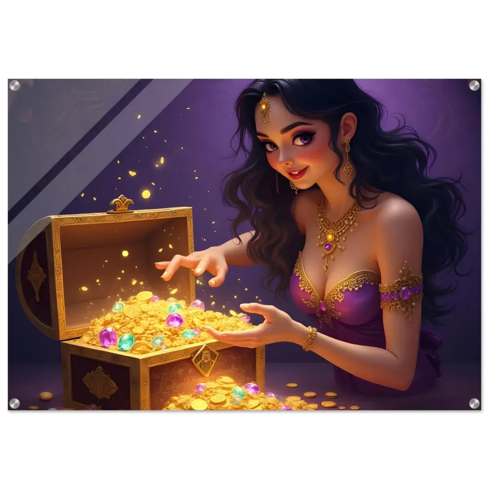 Treasure Seeker Acrylic Wall Print showing overflowing gold coins and jewels on a gloss finish