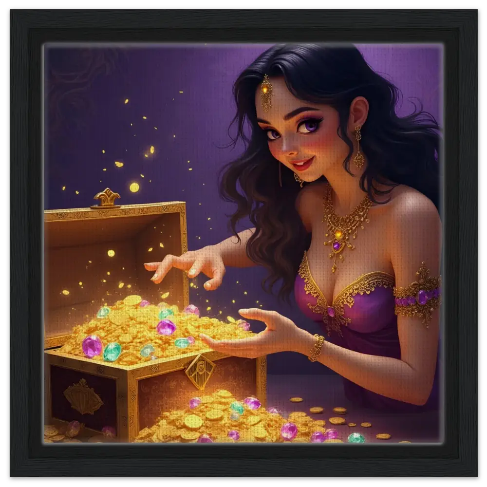 Treasure Seeker Framed Canvas showcasing overflowing gold coins and colorful gems