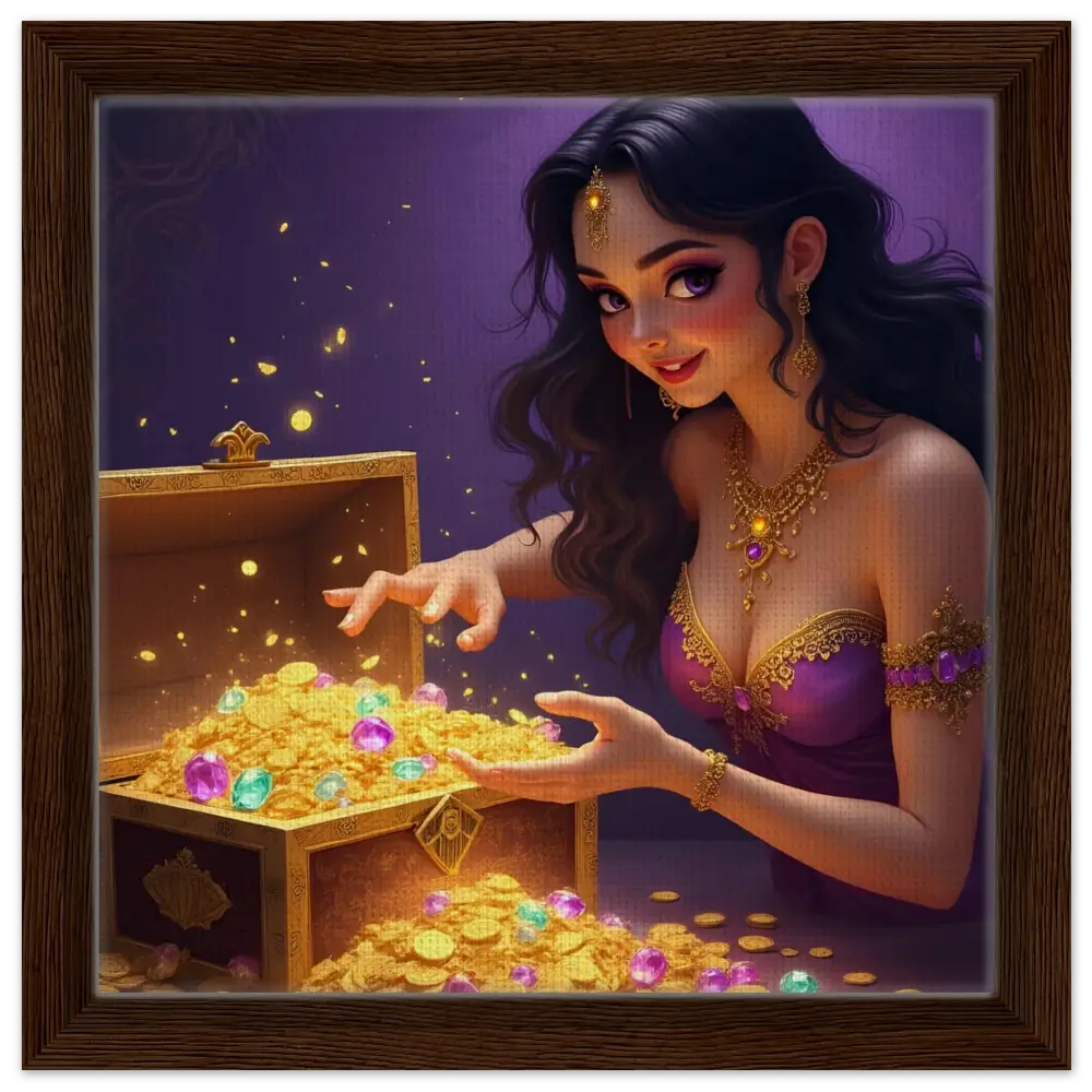 Framed fantasy painting of a woman holding treasure on PixiOnyx Treasure Seeker Canvas