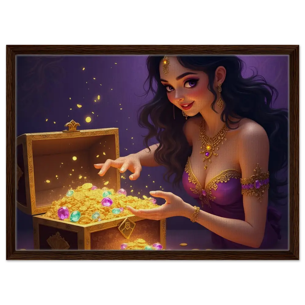 Treasure Seeker Framed Canvas showcasing a treasure chest overflowing with gold and jewels