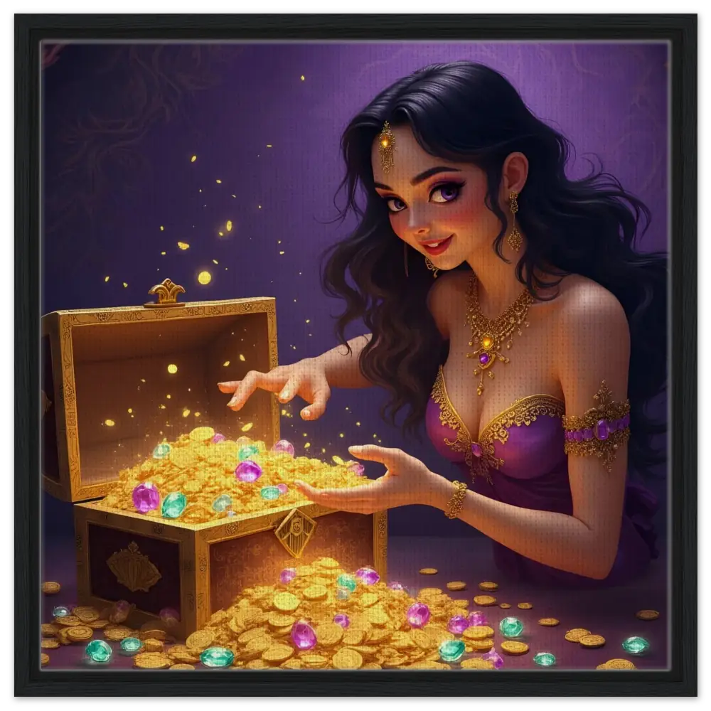 Treasure Seeker Framed Canvas luxury fantasy art with overflowing gold coins and gems