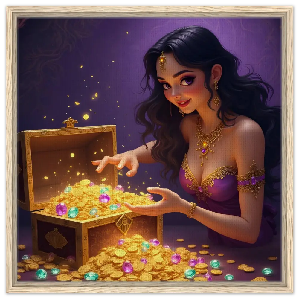 Treasure Seeker Framed Canvas luxury fantasy art with overflowing gold coins and jewels