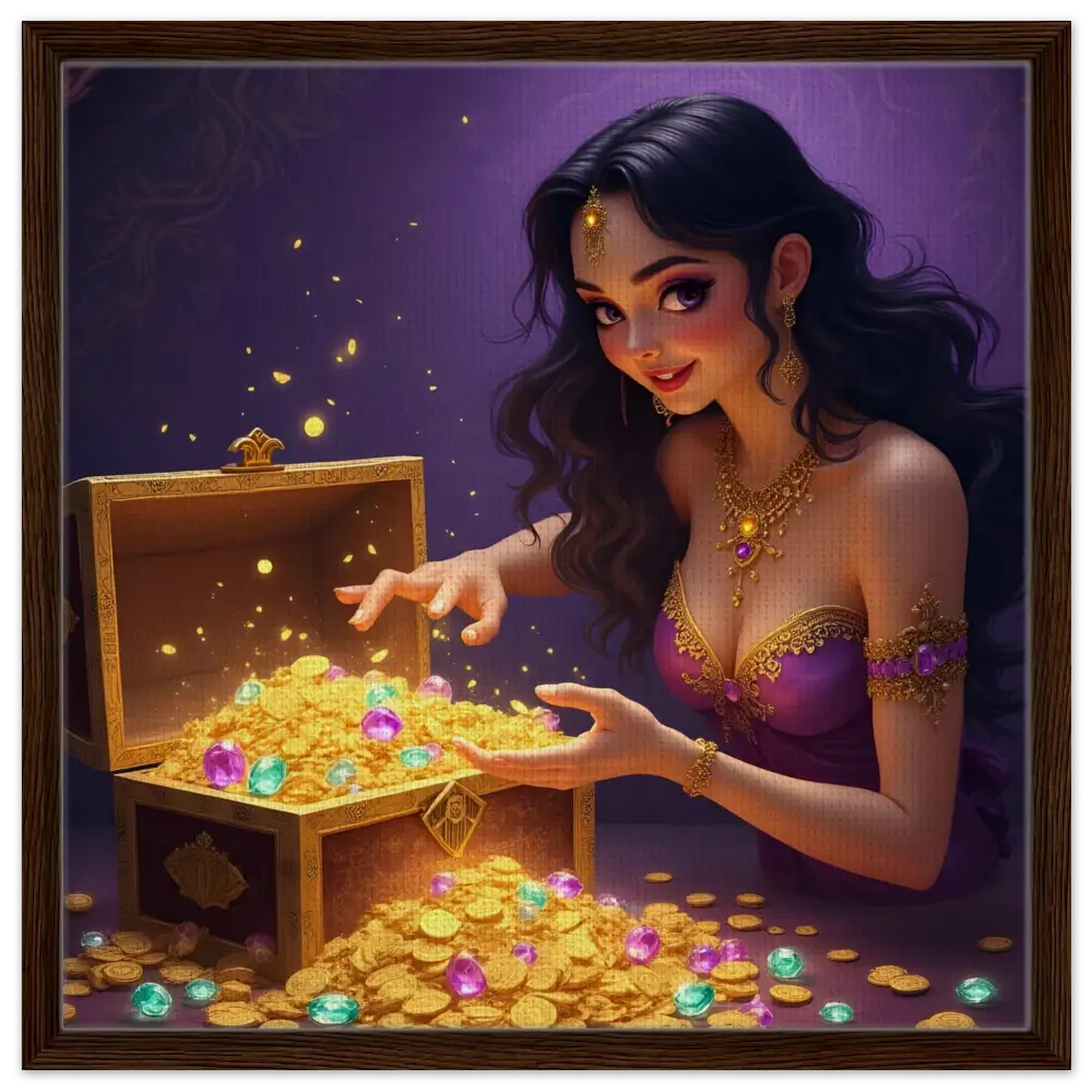 Golden treasure chest overflowing with coins and jewels in luxury fantasy art by PixiOnyx