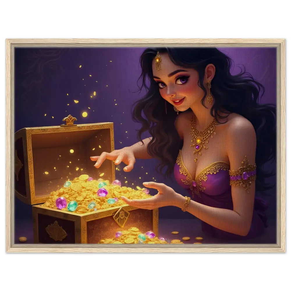 Animated woman with treasure chest for Treasure Seeker Framed Canvas luxury fantasy art