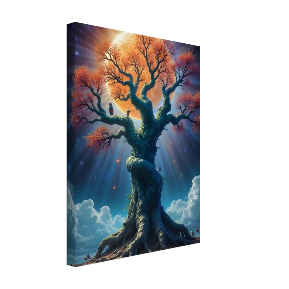 Whimsical tree with orange leaves illuminated by a glowing moon on PixiOnyx Wall Art