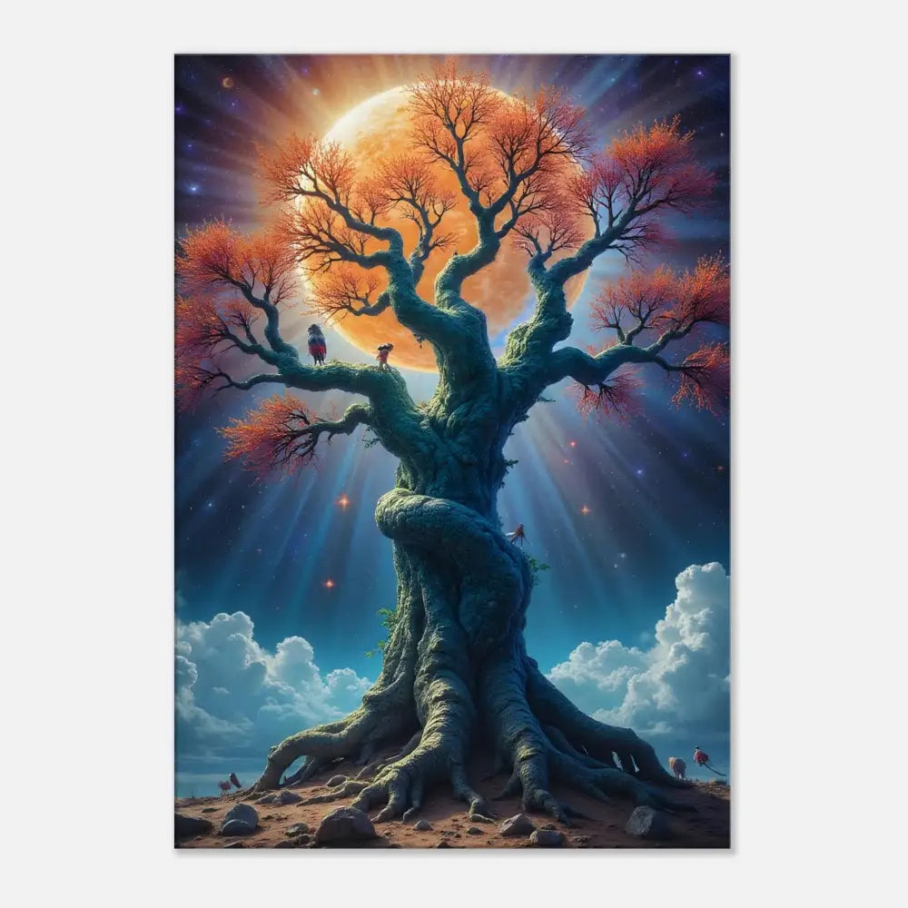 Majestic Tree beneath radiant Moon on Tree of Light Canvas Print – Cosmic Roots Wall Art