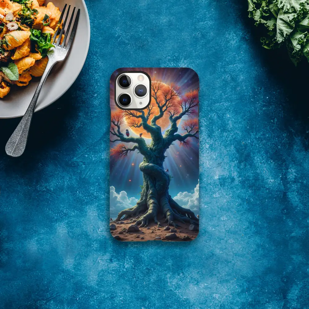 Tree-themed iPhone case with celestial roots design on PixiOnyx Tough Shell