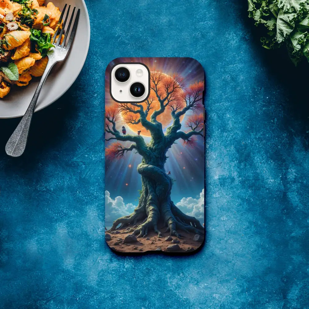 Tree-themed phone case for iPhone with celestial roots design in PixiOnyx Tough Shell
