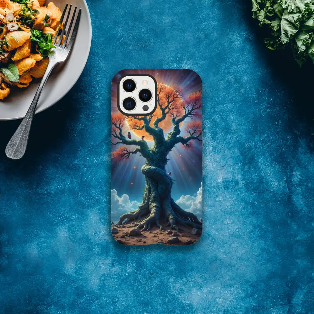 Tree-themed phone case for iPhone with celestial roots design on PixiOnyx Tough Shell