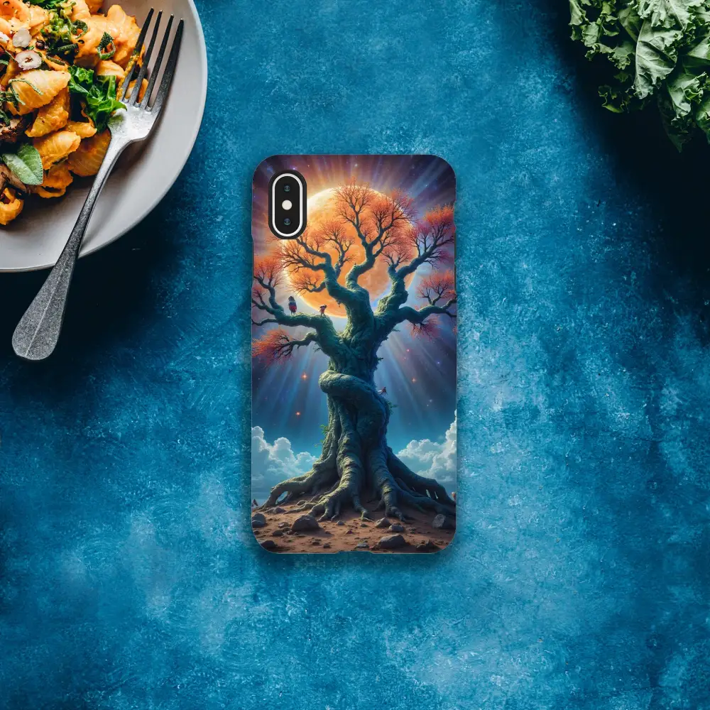 Tree-themed phone case for iPhone from PixiOnyx with celestial and roots design