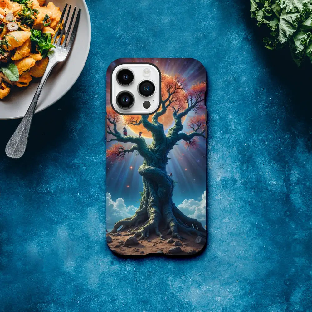 Tree-themed phone case for iPhone with celestial roots design from PixiOnyx