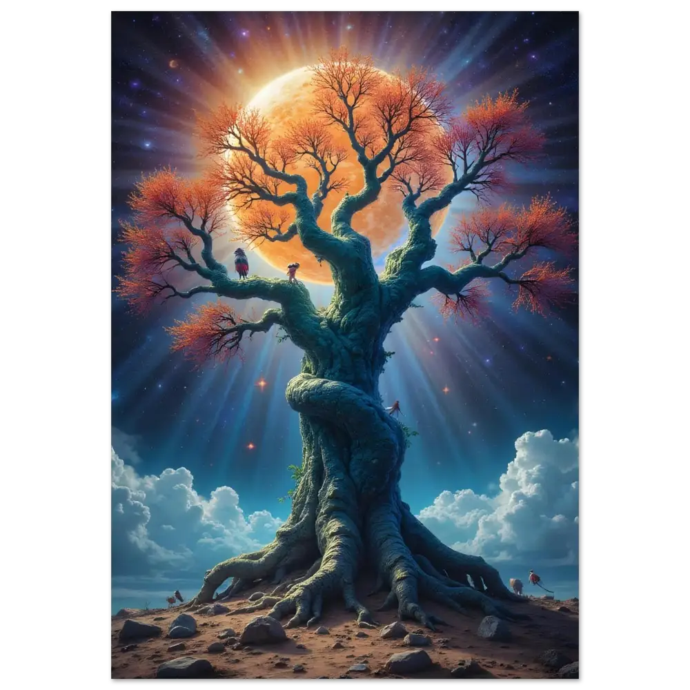 Majestic tree with orange leaves under radiant moon on Tree of Light Poster – Cosmic Roots