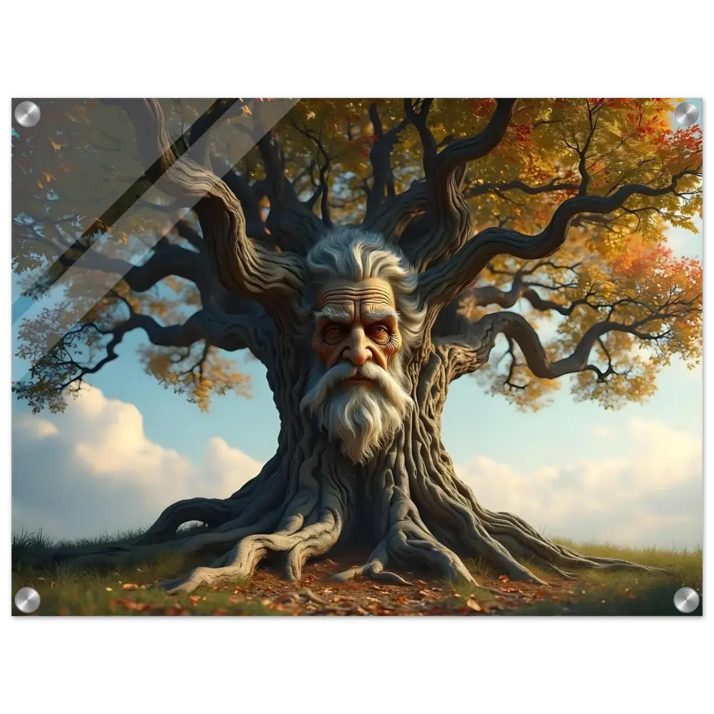 Tree with an old man’s face displayed on the Treeface Acrylic Print Wisdomroot Sentinel PixiOnyx Crystal Wall Art