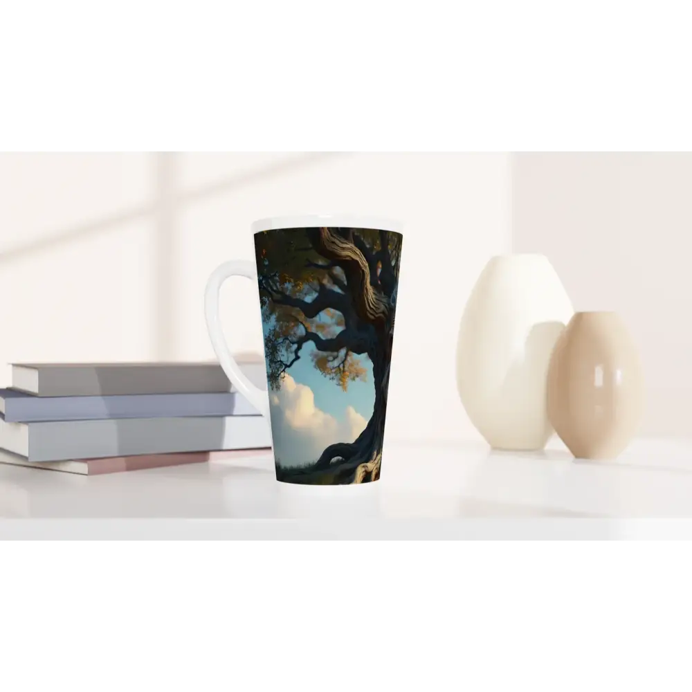 Tall latte mug with tree design in the Treeface Latte Mug The Wisdomroot Sentinel 17oz PixiOnyx