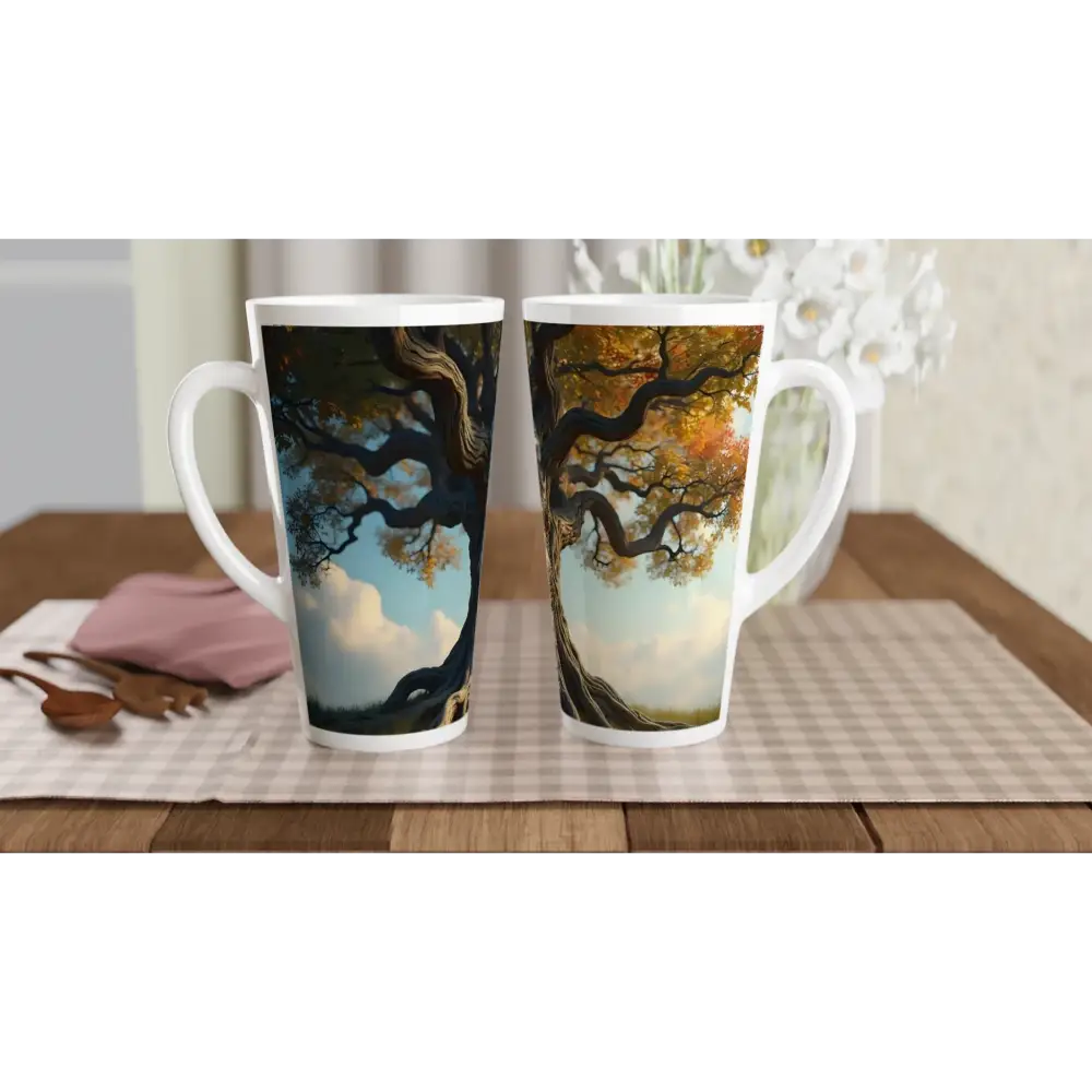 Tree-themed latte mug featuring wisdomroot design from PixiOnyx Tall Mug Drop