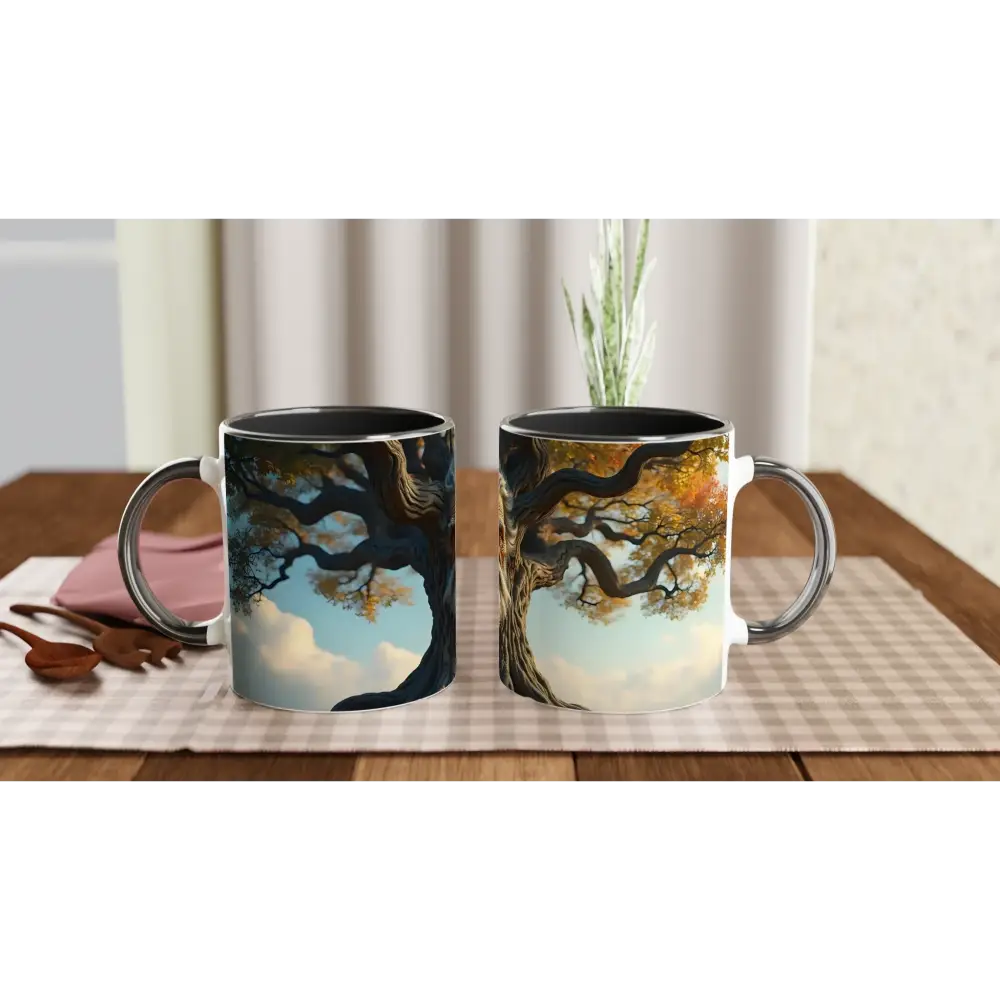 Treeface Mug showcasing two tree-themed forestware ceramics by PixiOnyx
