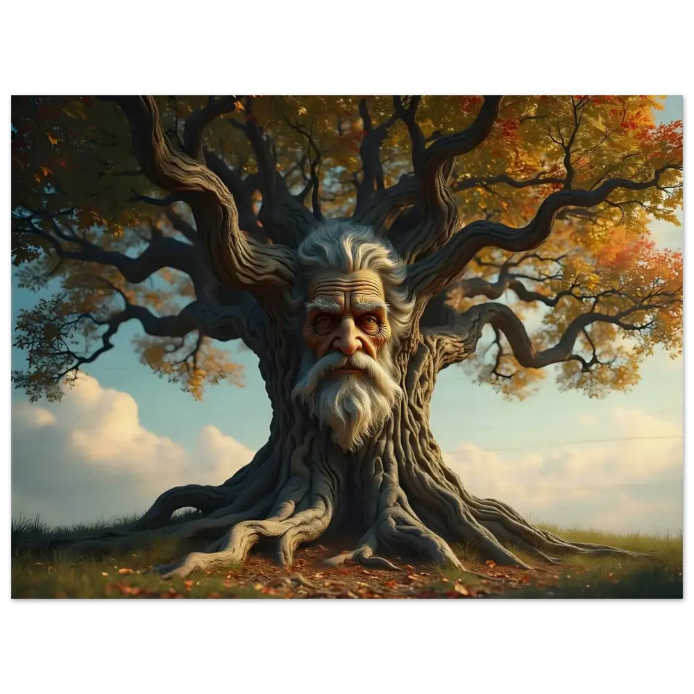 Ancient tree with a wise face printed on the Treeface Wood Print by PixiOnyx Grainbound Art