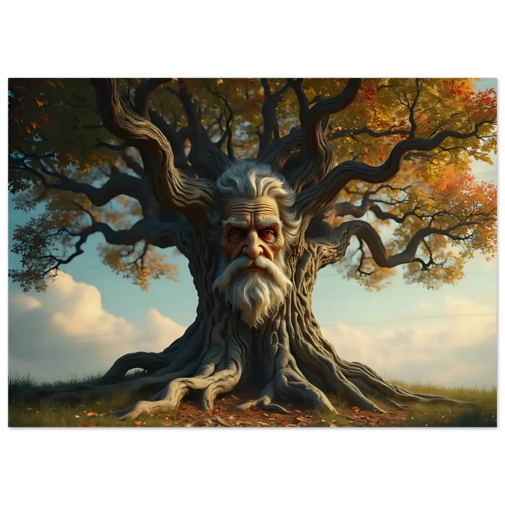 Anthropomorphic tree with a wise face on Treeface Wood Print The Wisdomroot Sentinel