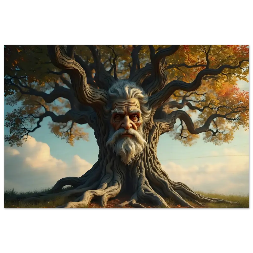 Ent-like tree with a wise old face on Treeface Wood Print The Wisdomroot Sentinel