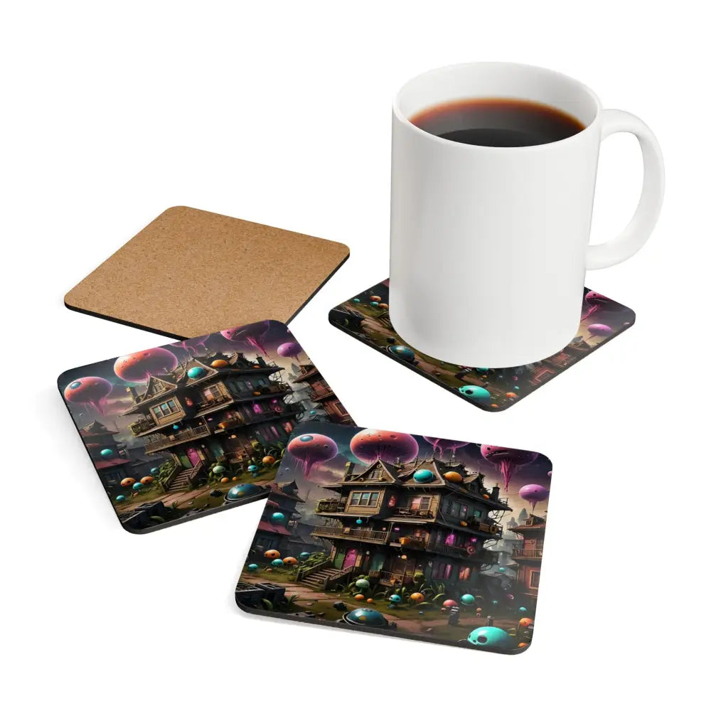 Whimsical house-themed coaster set from PixiOnyx Psybrew Fantasy Table Decor collection