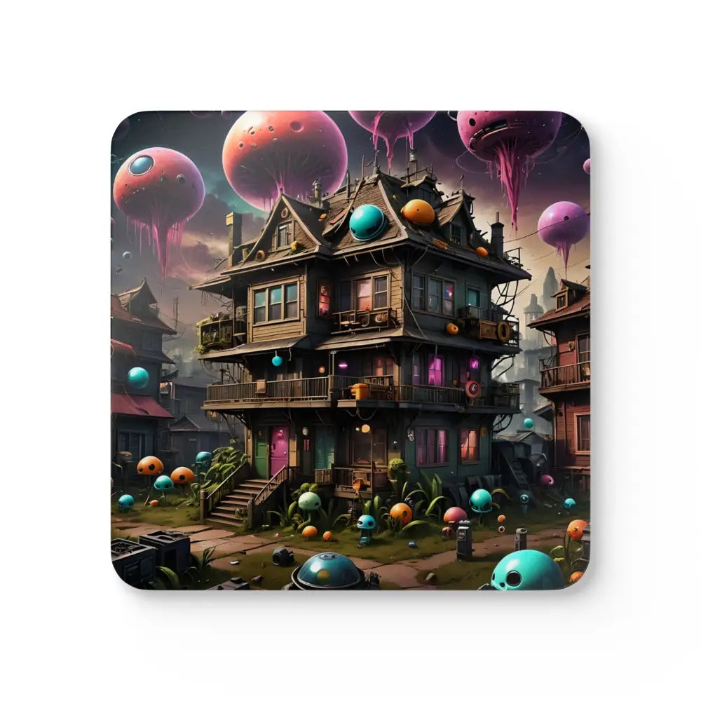 Whimsical multi-story house with colorful orbs from Trippy Mushroom House Coaster Set