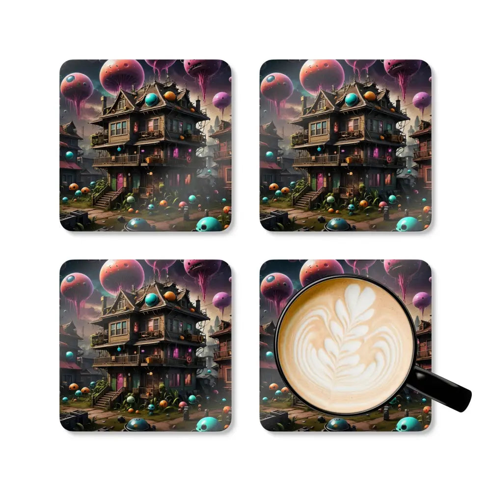 Decorative Trippy Mushroom House Coaster Set for Fantasy Table Decor by PixiOnyx Psybrew
