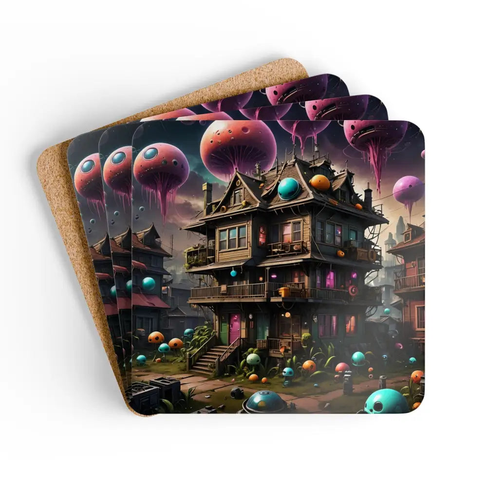 Set of cork-backed coasters featuring whimsical mushroom house design from PixiOnyx Psybrew Edition