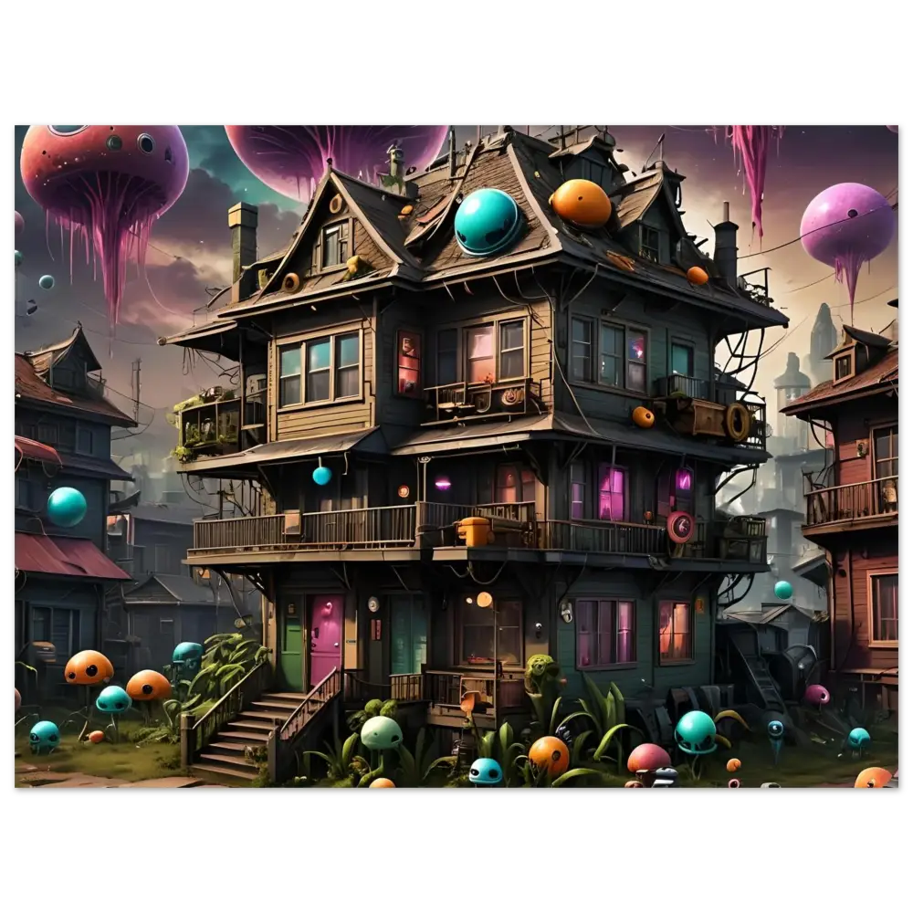 Colorful whimsical multi-story Mushroom House with glowing orbs for Psychedelic Sci-Fi Wall Art