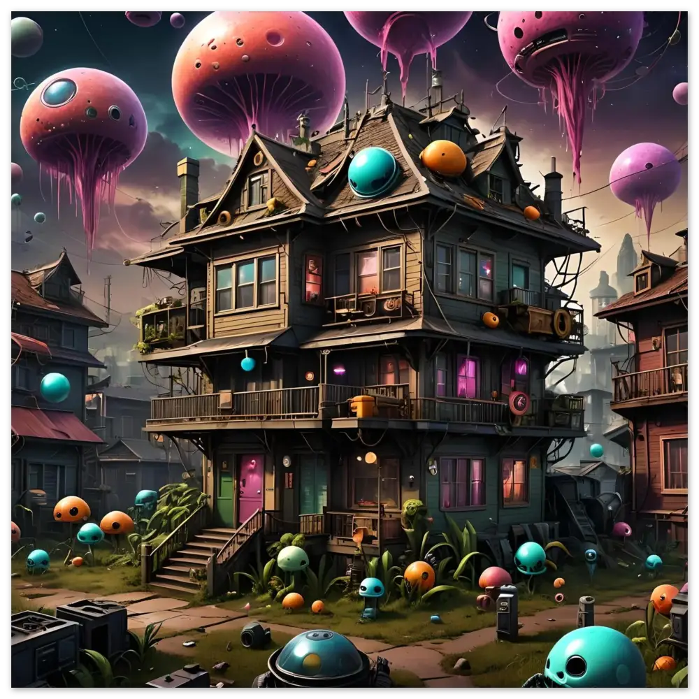 Whimsical multi-story mushroom house with surreal floating orbs in psychedelic Sci-Fi wall art