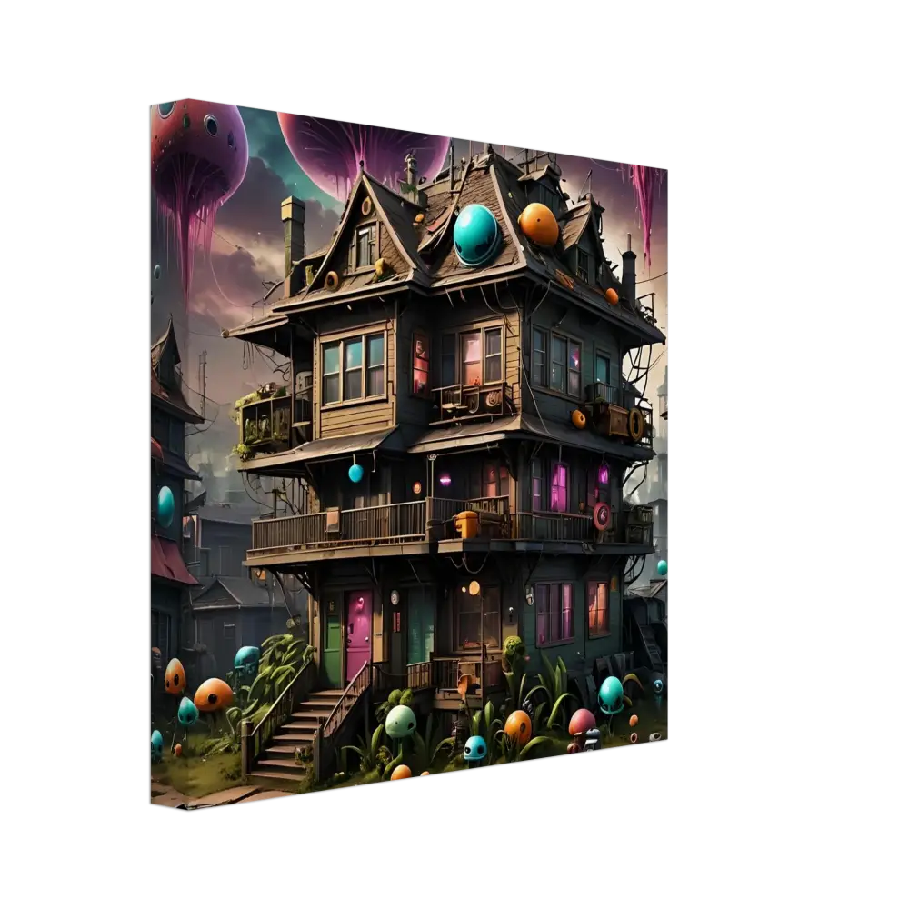 Colorful whimsical three-story mushroom house as psychedelic sci-fi wall art