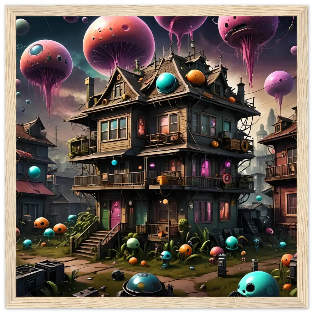Whimsical multi-story Trippy Mushroom House with floating jellyfish-like orbs Psychedelic Wall Art