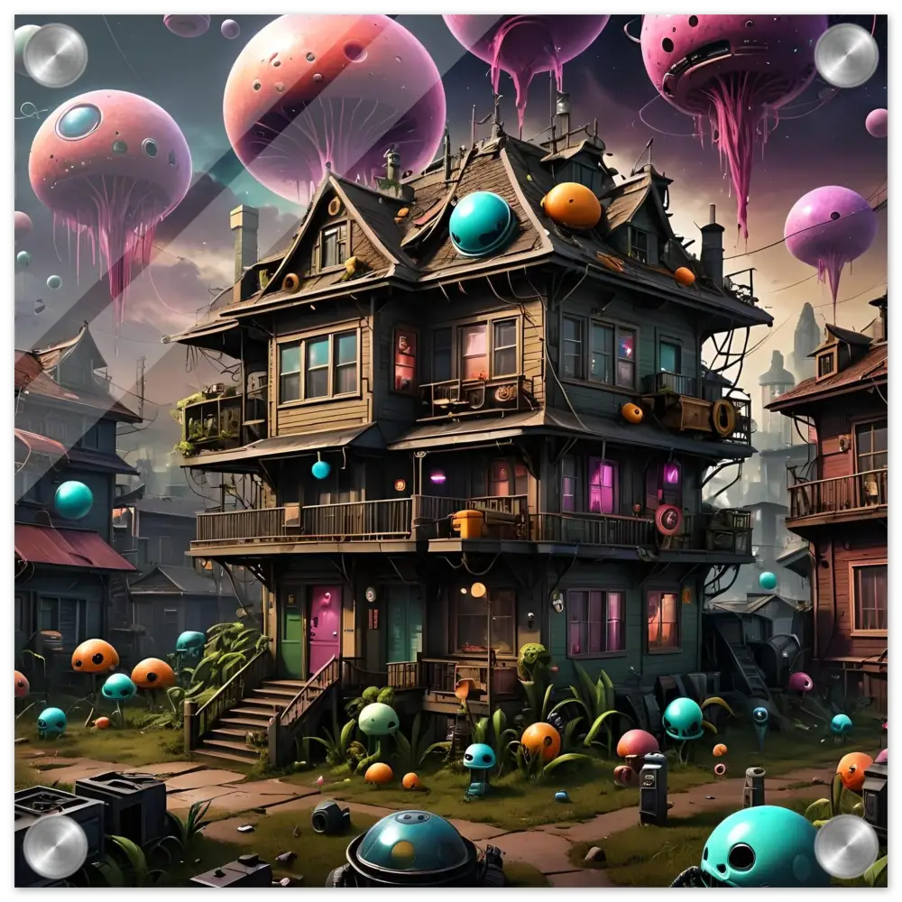 Whimsical three-story mushroom house with colorful orbs for Psychedelic Sci-Fi Wall Art