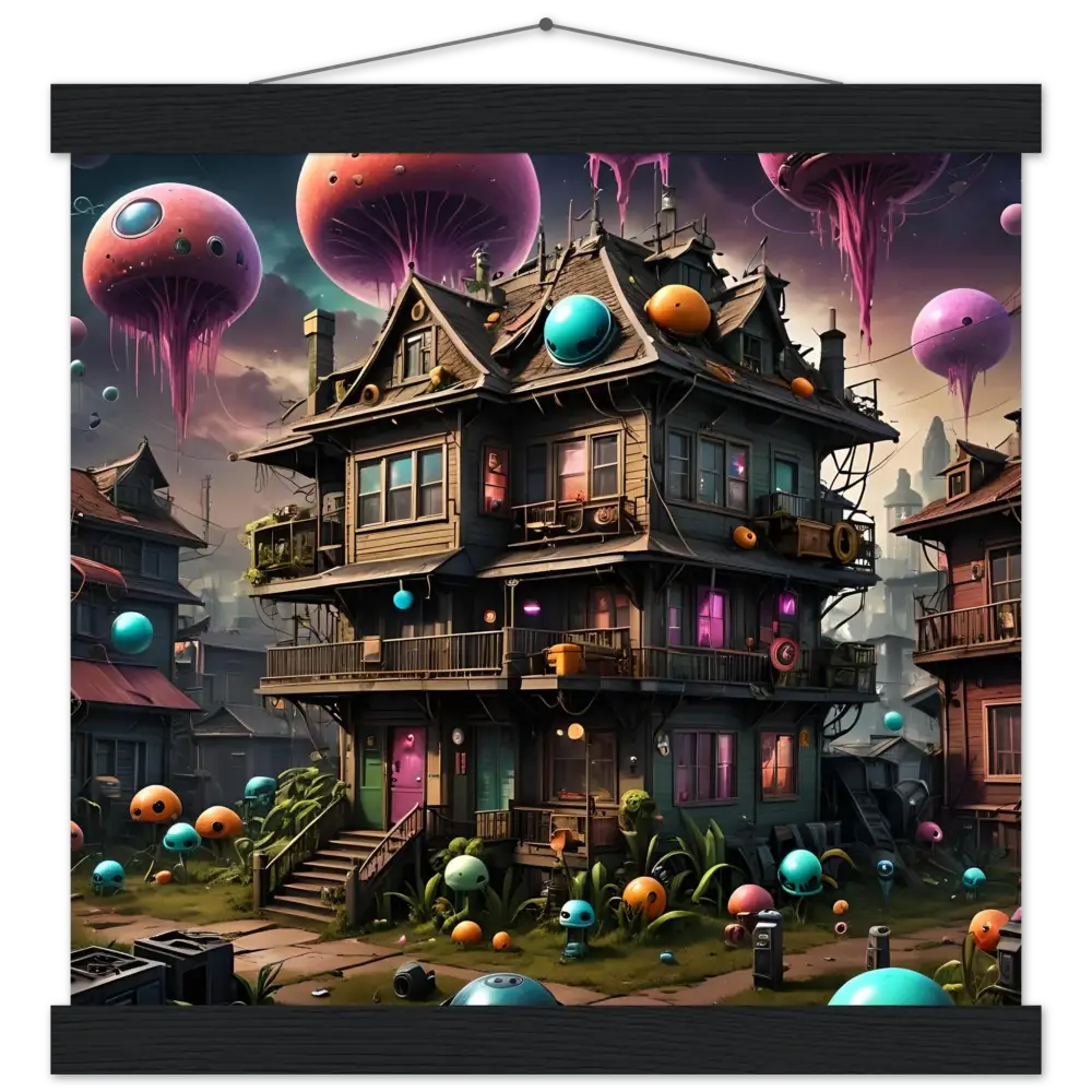 Whimsical three-story mushroom house with floating jellyfish-like orbs Psychedelic Wall Art