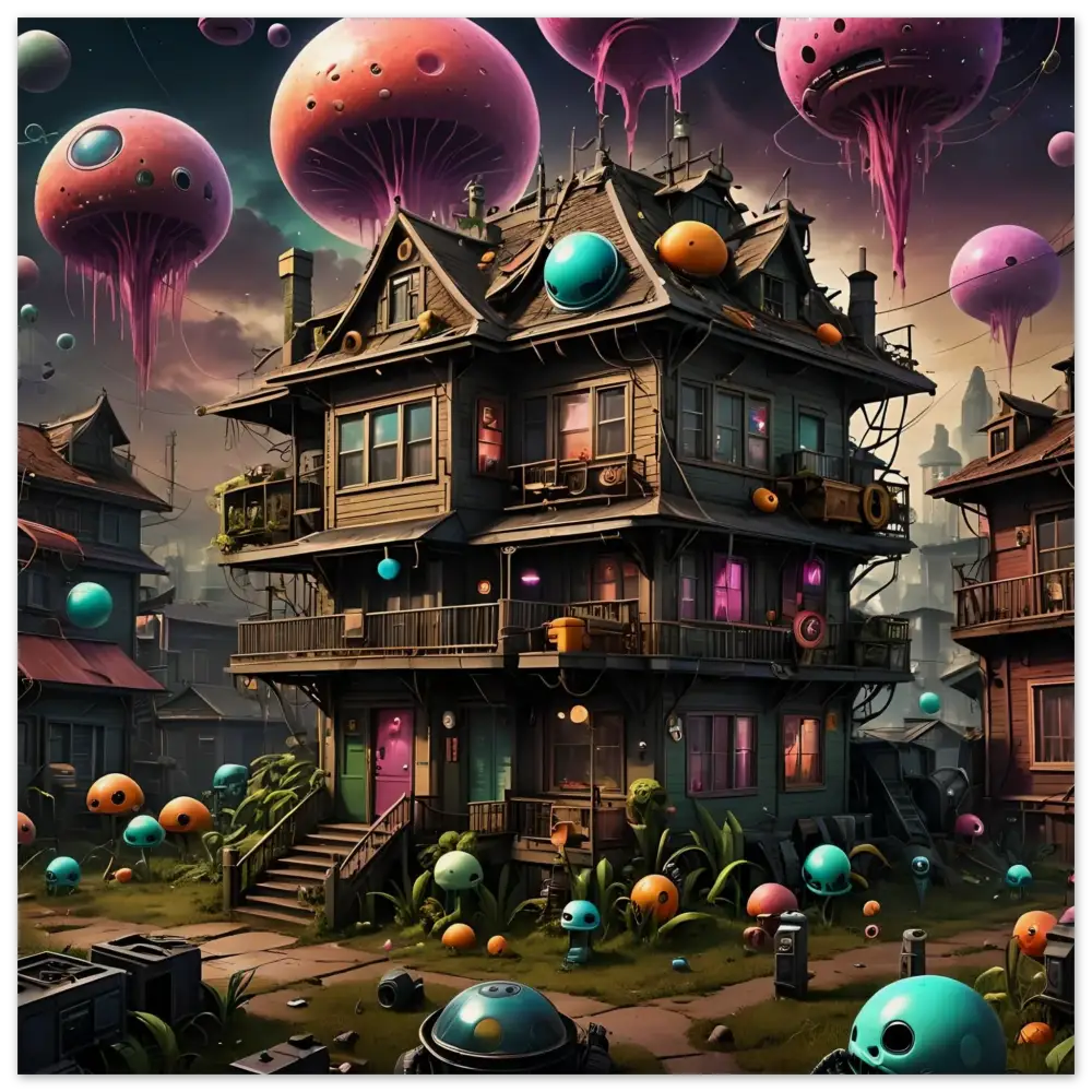 Whimsical three-story mushroom house with floating orbs in psychedelic sci-fi wall art