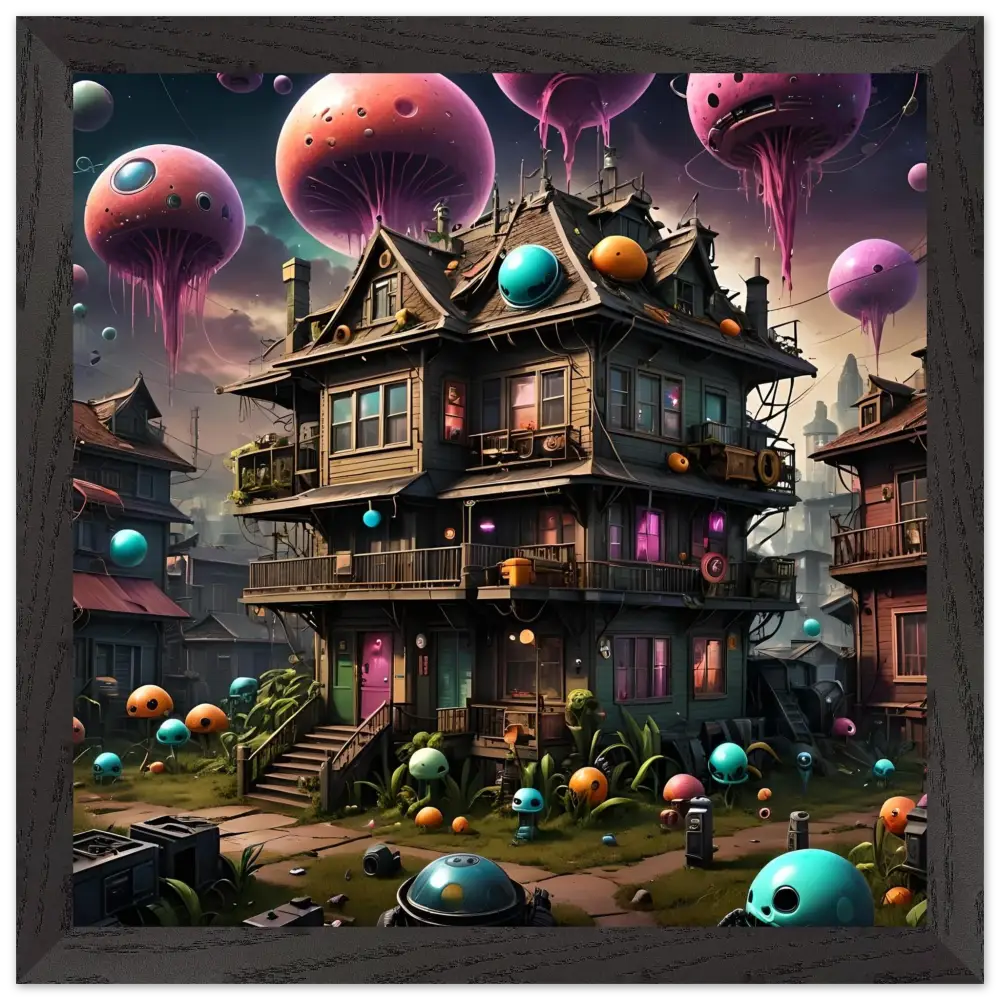 Whimsical multi-story house with floating jellyfish-like orbs in psychedelic Sci-Fi wall art