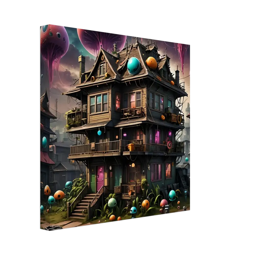 Whimsical three-story house with colorful orbs featuring in Psychedelic Sci-Fi Wall Art
