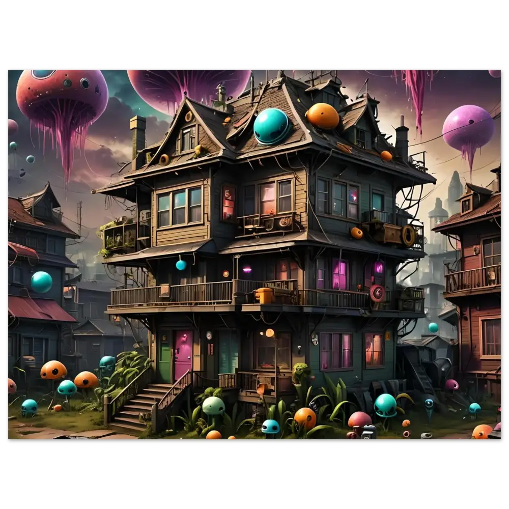 Whimsical multi-story Mushroom House with surreal orbs in psychedelic sci-fi wall art