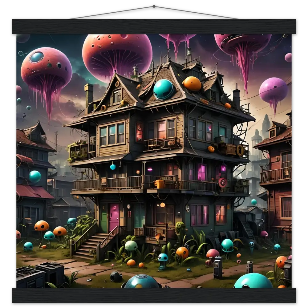 Whimsical multi-story house with floating jellyfish-like orbs in Psychedelic Sci-Fi Wall Art