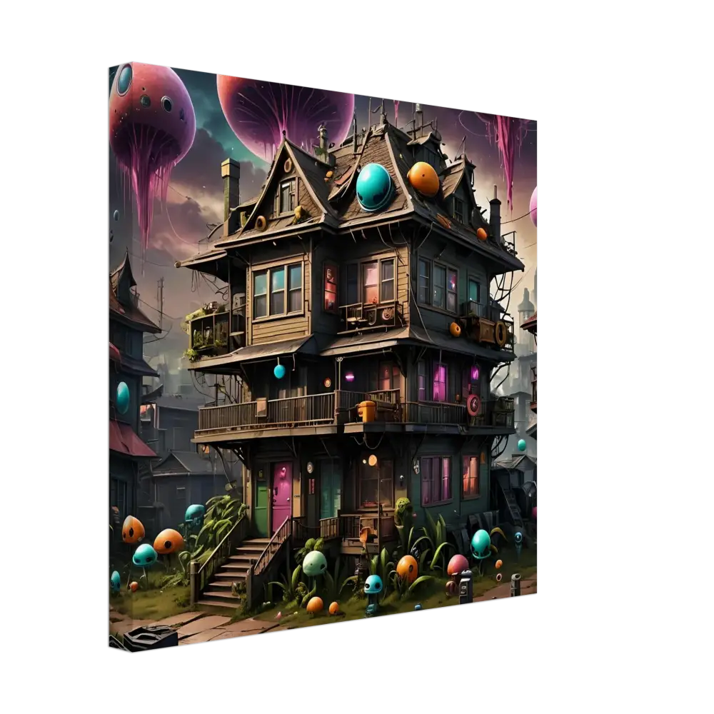 Whimsical three-story mushroom house with colorful orbs for Psychedelic Sci-Fi Wall Art